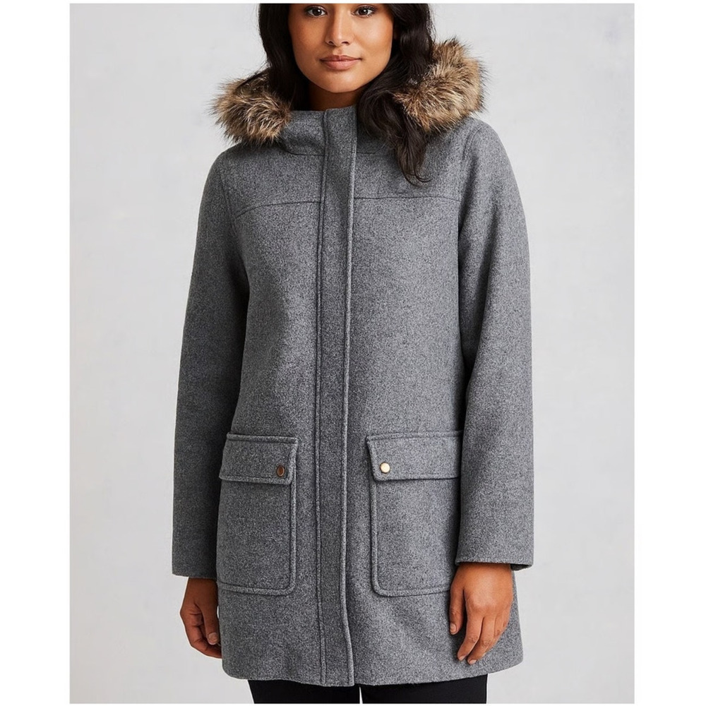 J.CREW Vail Faux Fur Parka Coat‎ Hooded Peacoat Grey Classic Preppy Twee